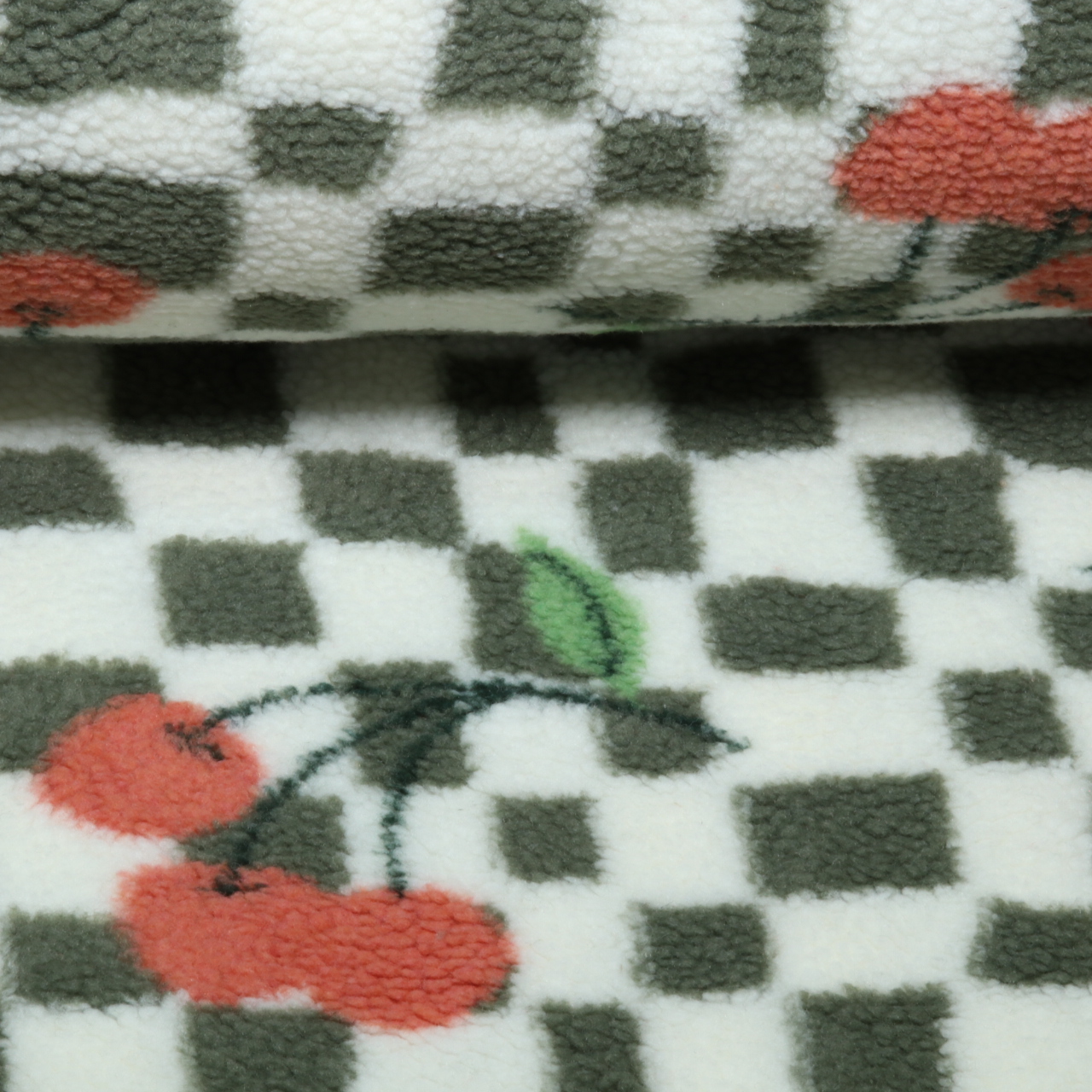 Polaire teddy - Cerises à carreaux, Ecru et Vert-0 Polaire teddy - Cerises à carreaux, Ecru et Vert-0