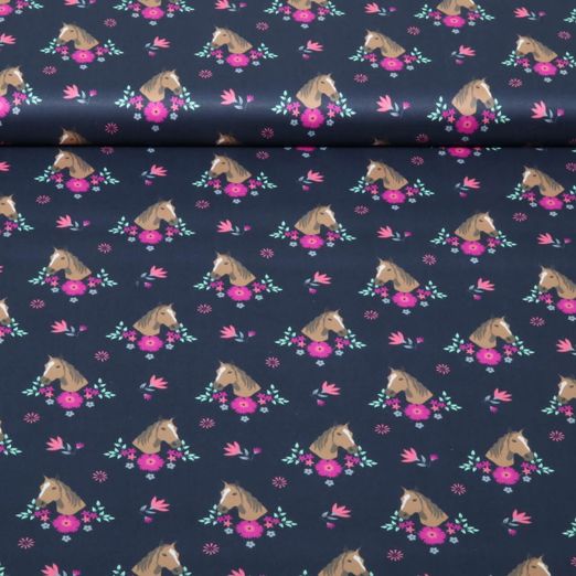 Baumwoll-Popeline - Digital Pferde und Blumen Navy