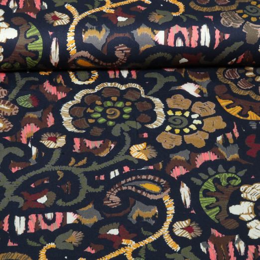 Satin de viscose - Motifs floraux ethniques Bleu marine et Jaune Satin de viscose - Motifs floraux ethniques Bleu marine et Jaune