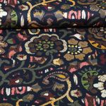 Satin de viscose - Motifs floraux ethniques Bleu marine et Jaune Satin de viscose - Motifs floraux ethniques Bleu marine et Jaune