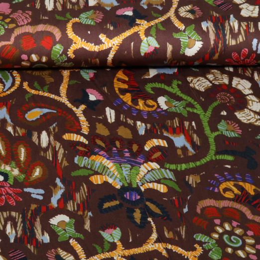 Satin de viscose - Motifs floraux ethniques marron et jaune Satin de viscose - Motifs floraux ethniques marron et jaune