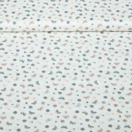 Popeline de coton - Motifs floraux et nœuds imprimés par impression numérique, Blanc Popeline de coton - Motifs floraux et nœuds imprimés par impression numérique, Blanc