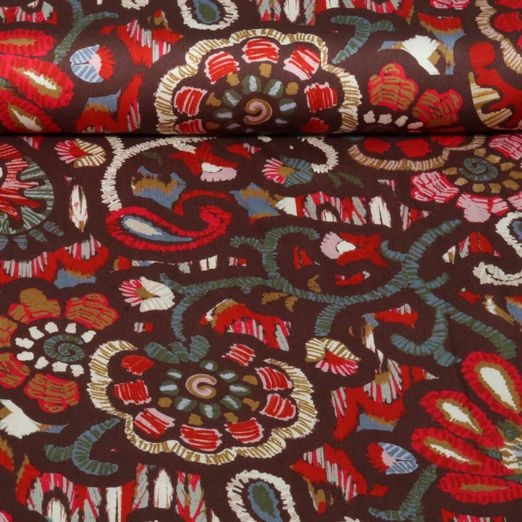 Satin de viscose - Motifs floraux ethniques Marron et Rouge Satin de viscose - Motifs floraux ethniques Marron et Rouge