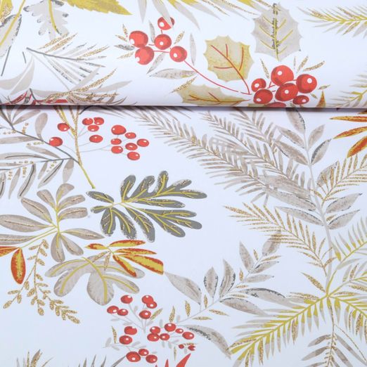 Toile cirée - PVC, graminées et feuilles, Blanc