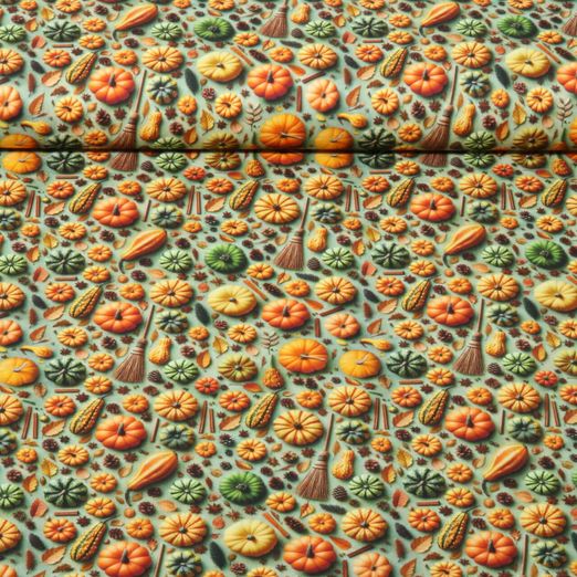 Baumwoll-Popeline - Halloween Kürbisse Grün Multicolor Baumwoll-Popeline - Halloween Kürbisse Grün Multicolor