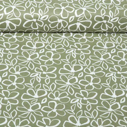 Baumwoll-Webware - Blumen Khaki Grün Weiß Baumwoll-Webware - Blumen Khaki Grün Weiß