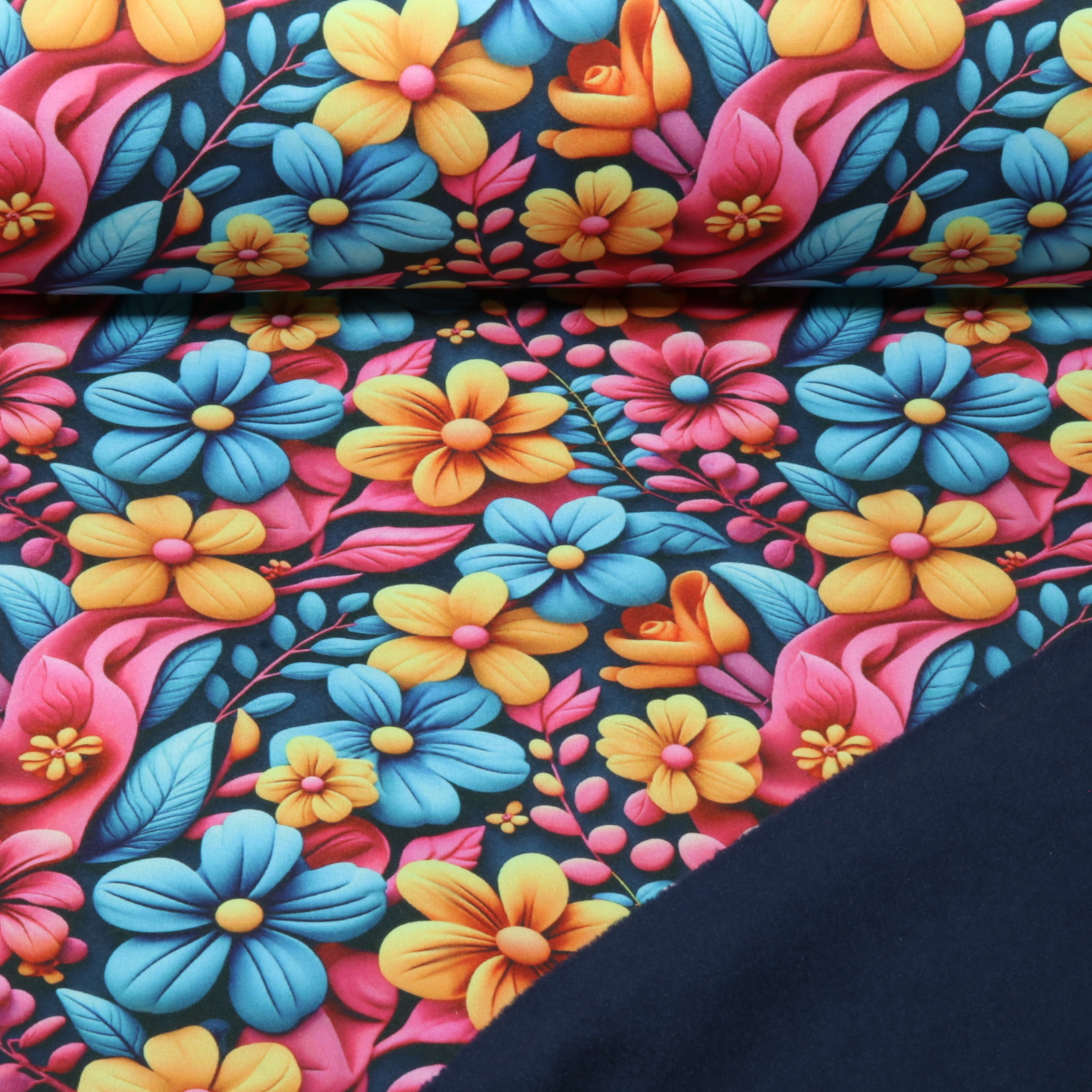 Softshell - Motif d'impression numérique « Fleurs multicolores » Bleu marine-0 Softshell - Motif d'impression numérique « Fleurs multicolores » Bleu marine-0