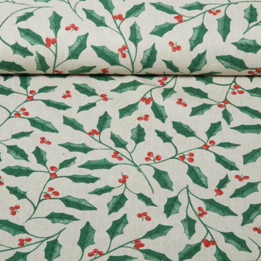 Toile canevas - aspect lin « Xmas » Myrtilles et feuilles Beige