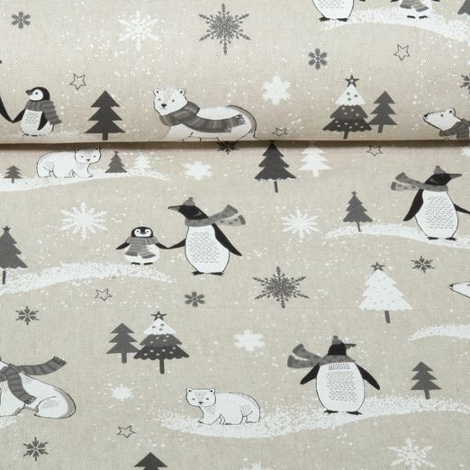 Toile canevas - aspect lin : ours polaires et pingouins, Beige