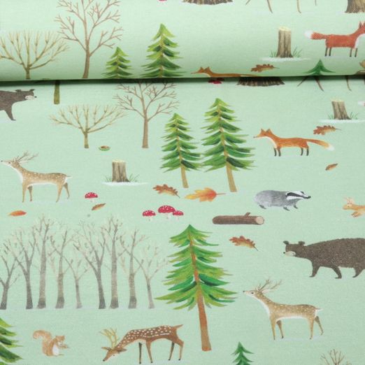 Toile canevas - Animaux de la forêt en impression numérique, automne, Vert tilleul Toile canevas - Animaux de la forêt en impression numérique, automne, Vert tilleul