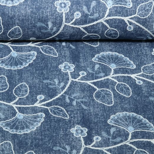 Jeans - B-Trendy délavé, broderie florale, Bleu Jeans - B-Trendy délavé, broderie florale, Bleu