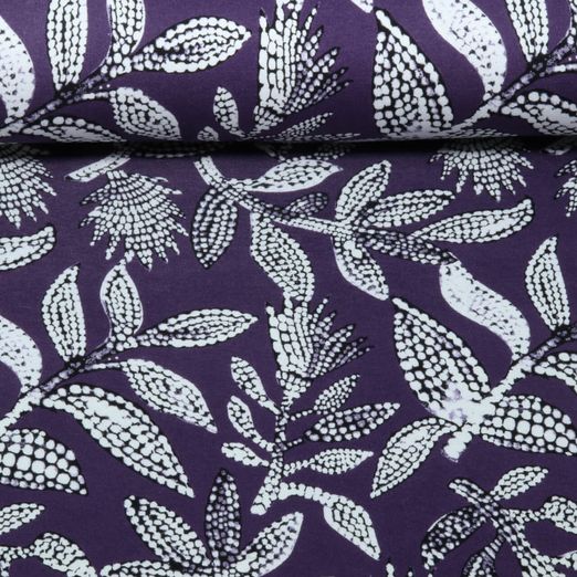 Jersey de viscose - Motifs « feuilles » aubergine