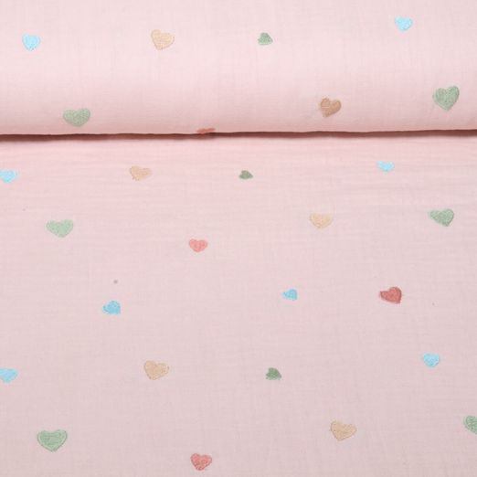 Baumwoll-Musselin - Double Gauze Bestickt Herzen Rosa