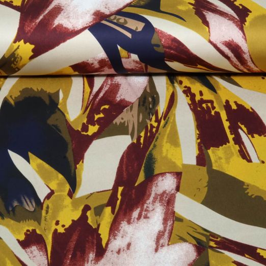 Satin - Fleurs abstraites rouges et jaunes Satin - Fleurs abstraites rouges et jaunes