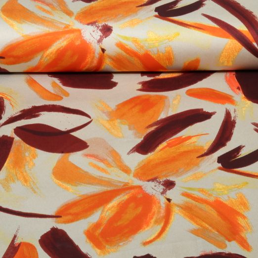 Satin - Blumen Gemalt Beige Orange