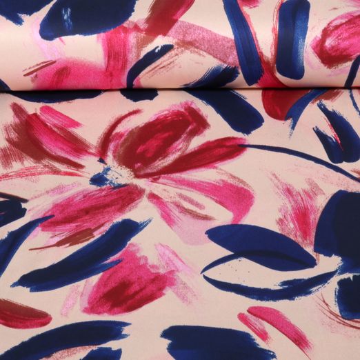 Satin - Blumen Gemalt Rosa Blau