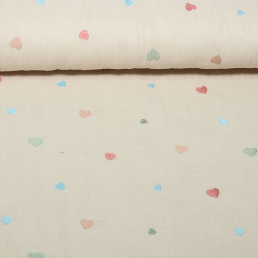 Gaze de coton - Double gaze brodée de cœurs, Beige Gaze de coton - Double gaze brodée de cœurs, Beige