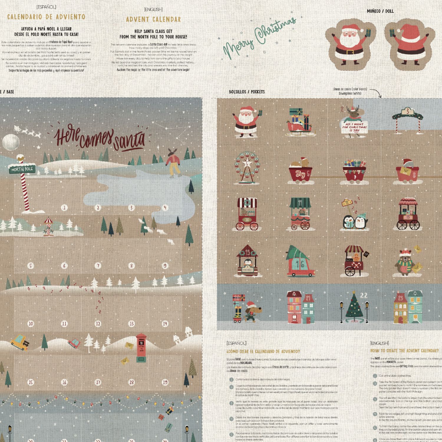 Toile canevas - Calendrier de l'Avent « Père Noël » aspect lin, Beige-1 Toile canevas - Calendrier de l'Avent « Père Noël » aspect lin, Beige-1