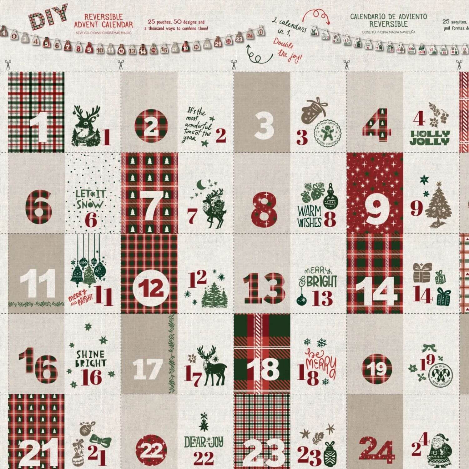 Panneau en toile canevas - Sachets de calendrier de l'Avent « Jul », aspect lin, Beige-0 Panneau en toile canevas - Sachets de calendrier de l'Avent « Jul », aspect lin, Beige-0