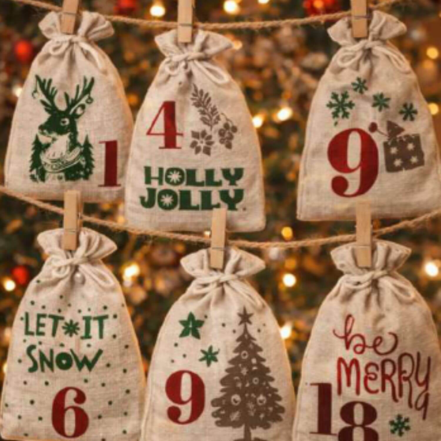 Panneau en toile canevas - Sachets de calendrier de l'Avent « Jul », aspect lin, Beige-1 Panneau en toile canevas - Sachets de calendrier de l'Avent « Jul », aspect lin, Beige-1