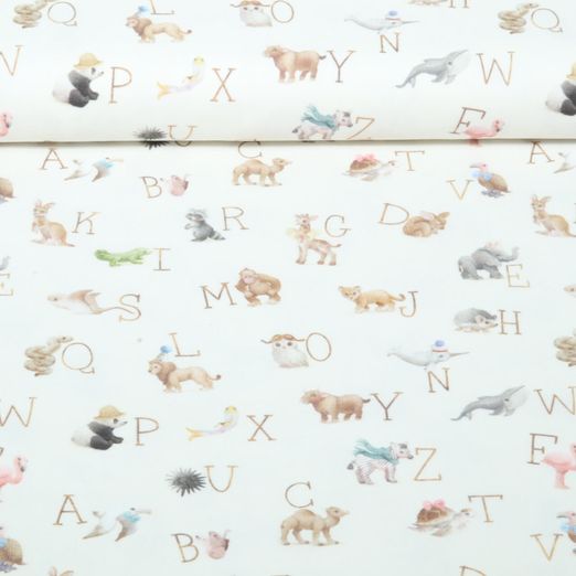 Flanelle de coton - Motifs animaux ABC en impression numérique, Ecru