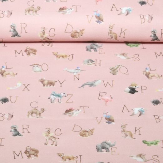 Flanelle de coton - Motifs d'impression numérique « ABC des animaux » vieux rose Flanelle de coton - Motifs d'impression numérique « ABC des animaux » vieux rose
