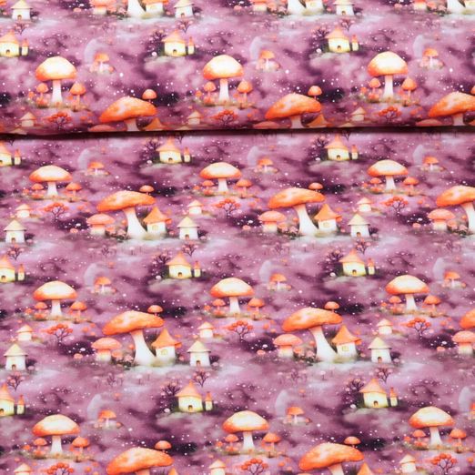 Jersey - Impression numérique « Petites maisons et champignons » couleur aubergine