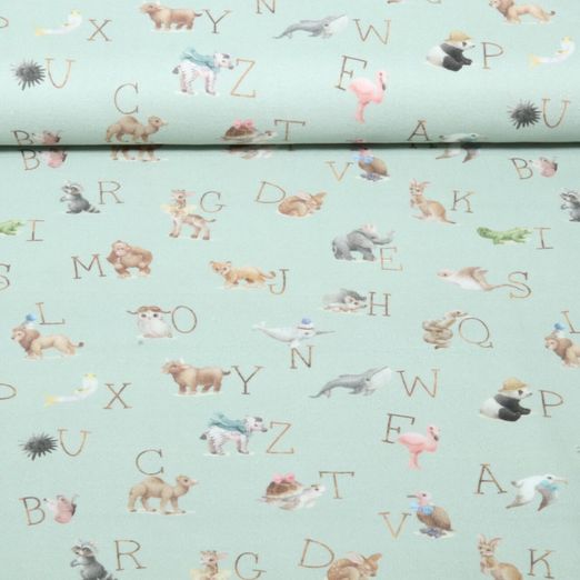 Flanelle de coton - Motifs animaux ABC en impression numérique, couleur Vert menthe Flanelle de coton - Motifs animaux ABC en impression numérique, couleur Vert menthe