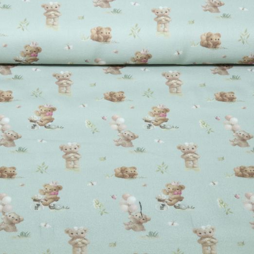 Baumwoll-Flanell - Digital Teddybären Mint