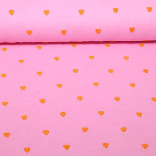 Baumwoll-Musselin - Double Gauze Herzen Orange Bestickt Rosa