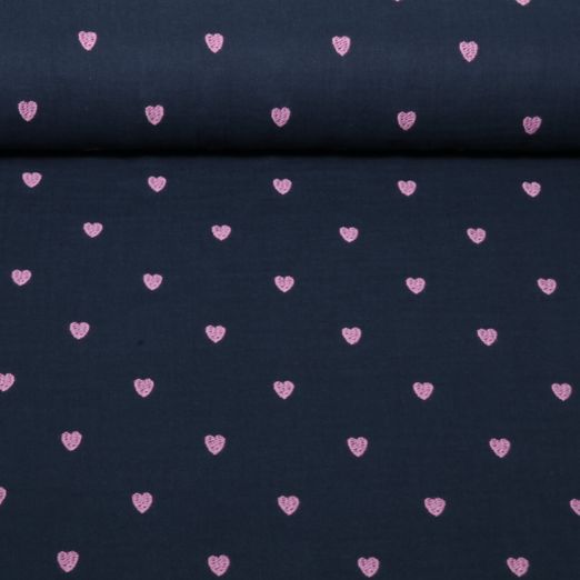Baumwoll-Musselin - Double Gauze Herzen Rosa Bestickt Navy Baumwoll-Musselin - Double Gauze Herzen Rosa Bestickt Navy