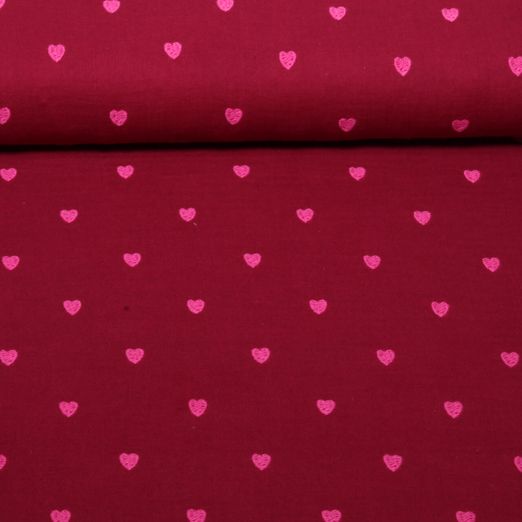 Baumwoll-Musselin - Double Gauze Herzen Pink Bestickt Weinrot