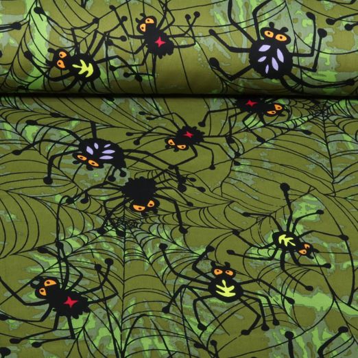 Popeline de coton - Araignées d'Halloween vert olive Popeline de coton - Araignées d'Halloween vert olive