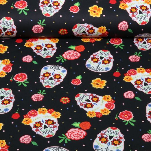 Popeline de coton - Têtes de mort et fleurs, Noir Popeline de coton - Têtes de mort et fleurs, Noir