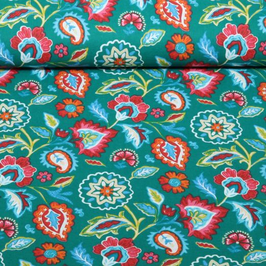 Baumwoll-Webware - Blumen Boho Smaragdgrün Baumwoll-Webware - Blumen Boho Smaragdgrün