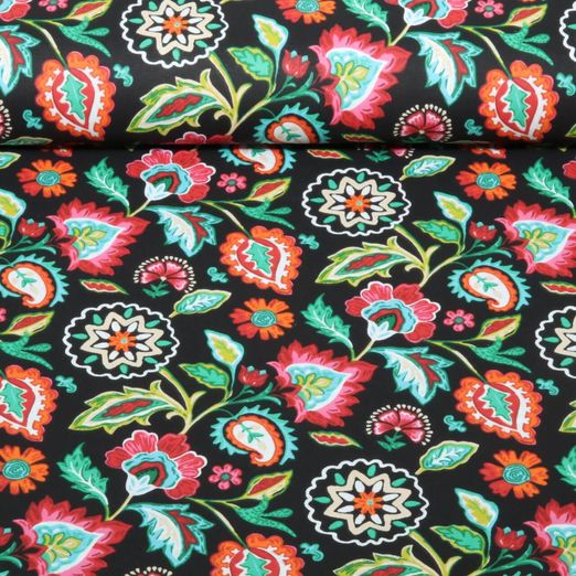 Baumwoll-Webware - Blumen Boho Schwarz Baumwoll-Webware - Blumen Boho Schwarz