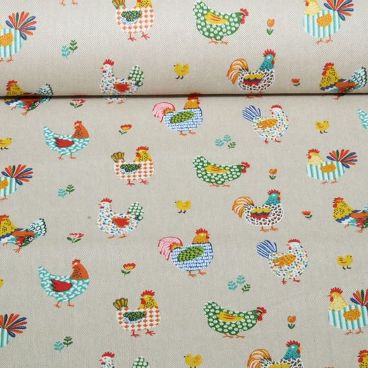 Toile canevas - Effet lin « Poulets multicolores » Beige Toile canevas - Effet lin « Poulets multicolores » Beige