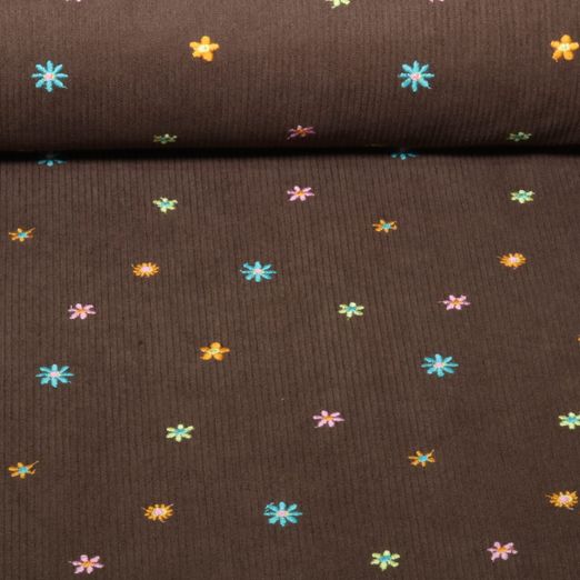 Babycord - Bestickt Blüten Dunkelbraun Babycord - Bestickt Blüten Dunkelbraun