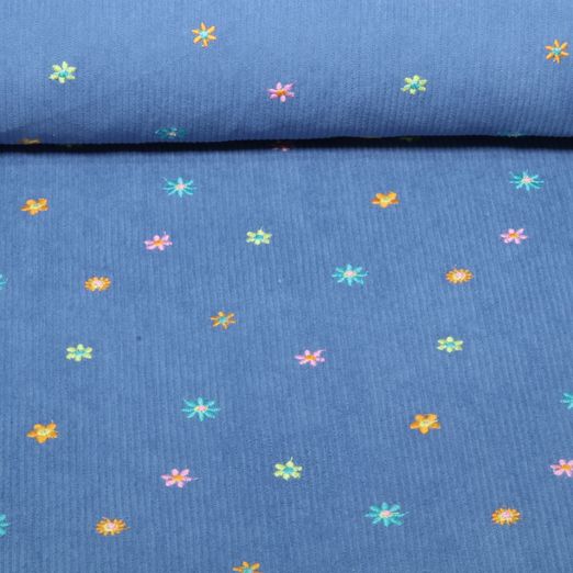 Babycord - Bestickt Blüten Jeansblau Babycord - Bestickt Blüten Jeansblau