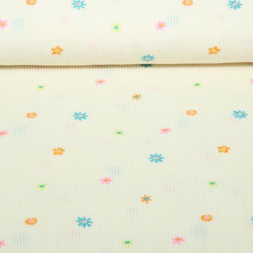 Babycord - Bestickt Blüten Wollweiß Babycord - Bestickt Blüten Wollweiß
