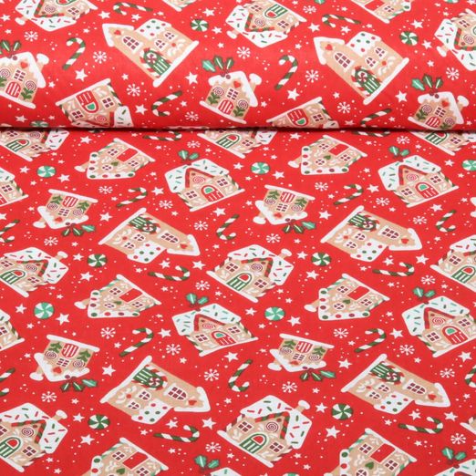 Baumwoll-Webware - Lebkuchenhäuser Xmas Rot Baumwoll-Webware - Lebkuchenhäuser Xmas Rot