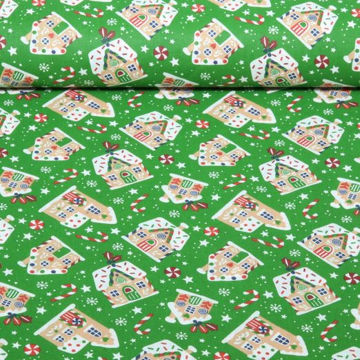 Baumwoll-Webware - Lebkuchenhäuser Xmas Grün Baumwoll-Webware - Lebkuchenhäuser Xmas Grün