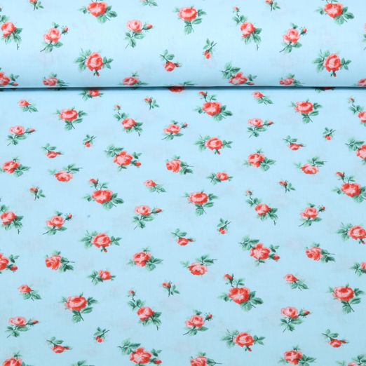 Toile de coton - Petites roses Bleu clair