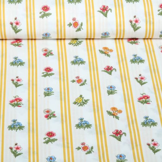 Baumwoll-Webware - Streifen Blumen Weiß Gelb