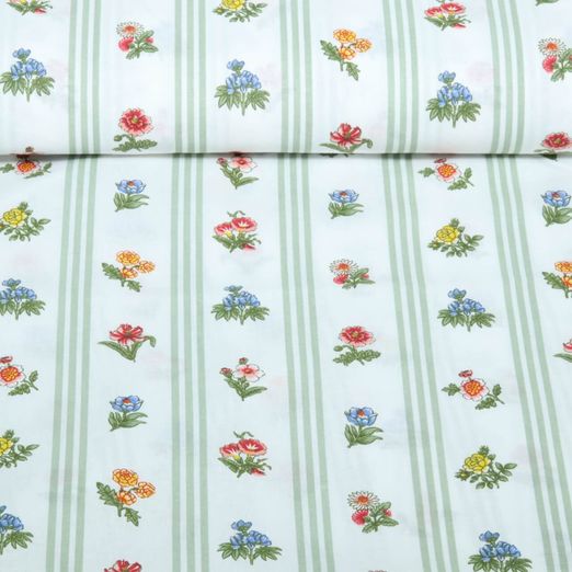 Toile de coton - Rayures, fleurs, blanc, Vert clair
