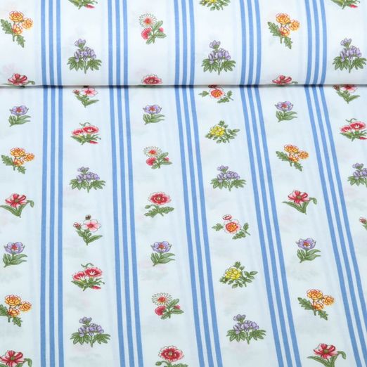 Baumwoll-Webware - Streifen Blumen Weiß Blau Baumwoll-Webware - Streifen Blumen Weiß Blau
