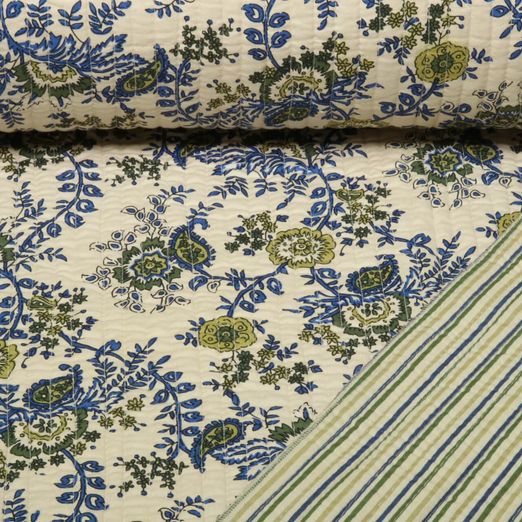 Tissu matelassé - Double face, motif fleurs et rayures, Beige