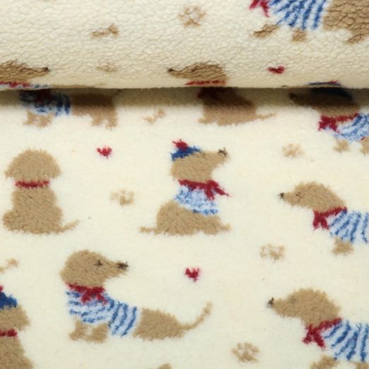 Teddyfleece - Jacquard Hunde Ecru Blau Teddyfleece - Jacquard Hunde Ecru Blau
