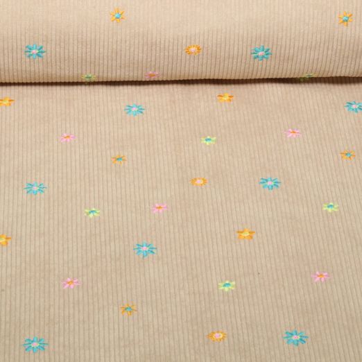 Velours milleraies - Brodé de fleurs, Beige Velours milleraies - Brodé de fleurs, Beige