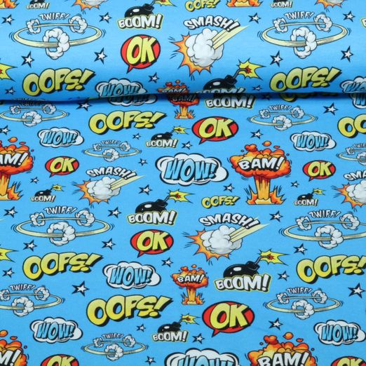 Jersey - Dessins animés en impression numérique « Wow » bleu ciel Jersey - Dessins animés en impression numérique « Wow » bleu ciel